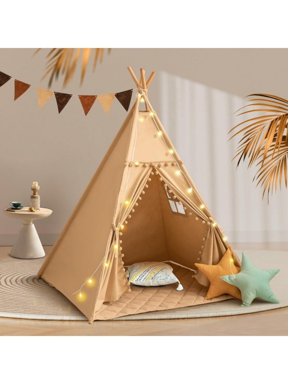 Cozy Kids Teepee Tent with Mat & Pompoms, Indoor Play Tent for Toddlers, Stars
